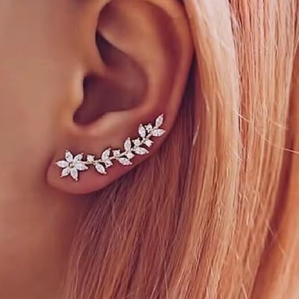 Huitan Silver Floral Leaf Earrings